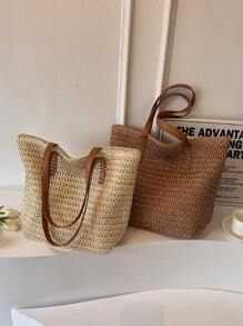 1 pieza Bolso de hombro con cierre de gran capacidad, estilo casual de vacaciones, transpirable, tejido en beige, adecuado para señoras en primavera/verano, para artículos de playa, teléfono de viaje, billetera, lápiz labial, llaves, pañuelos, bolsas de almacenamiento