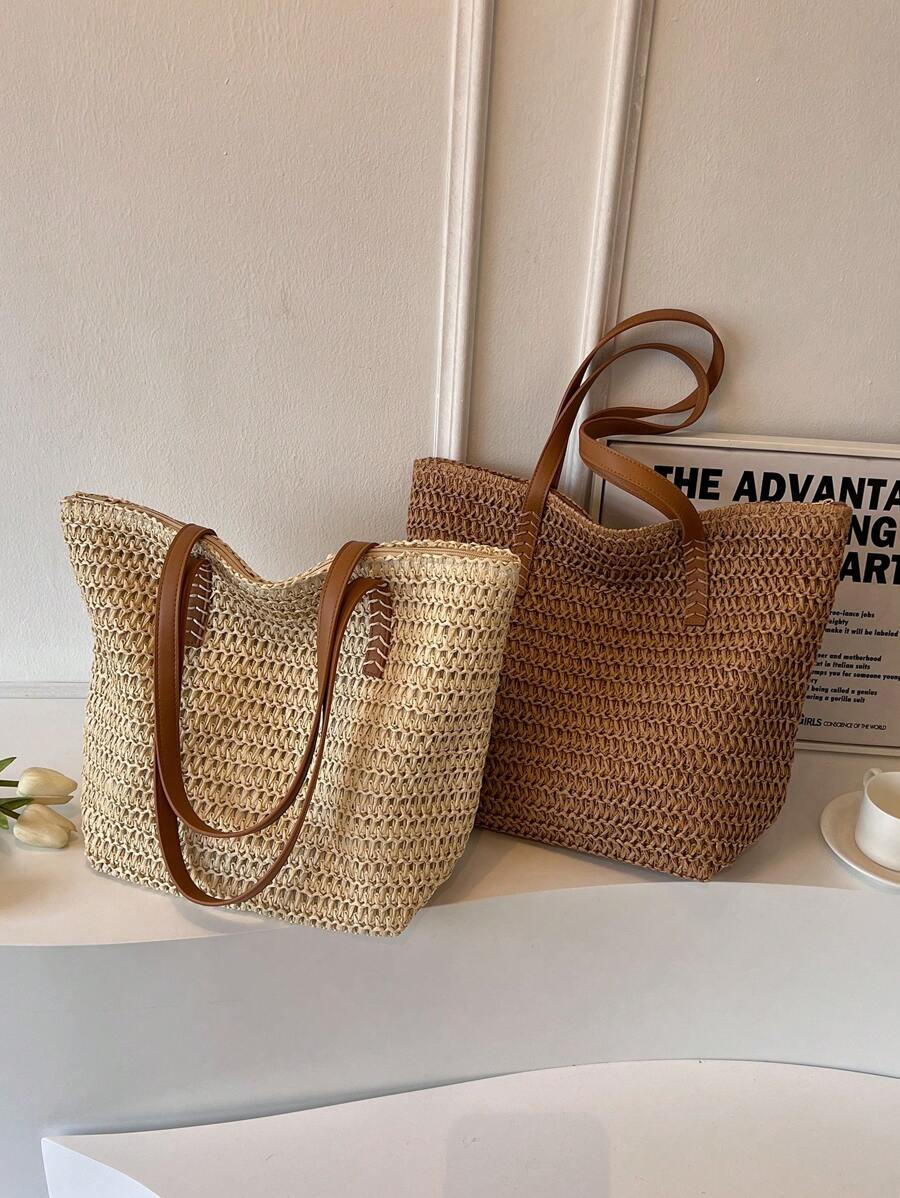 1 pieza Bolso de hombro con cierre de gran capacidad, estilo casual de vacaciones, transpirable, tejido en beige, adecuado para señoras en primavera/verano, para artículos de playa, teléfono de viaje, billetera, lápiz labial, llaves, pañuelos, bolsas de almacenamiento
