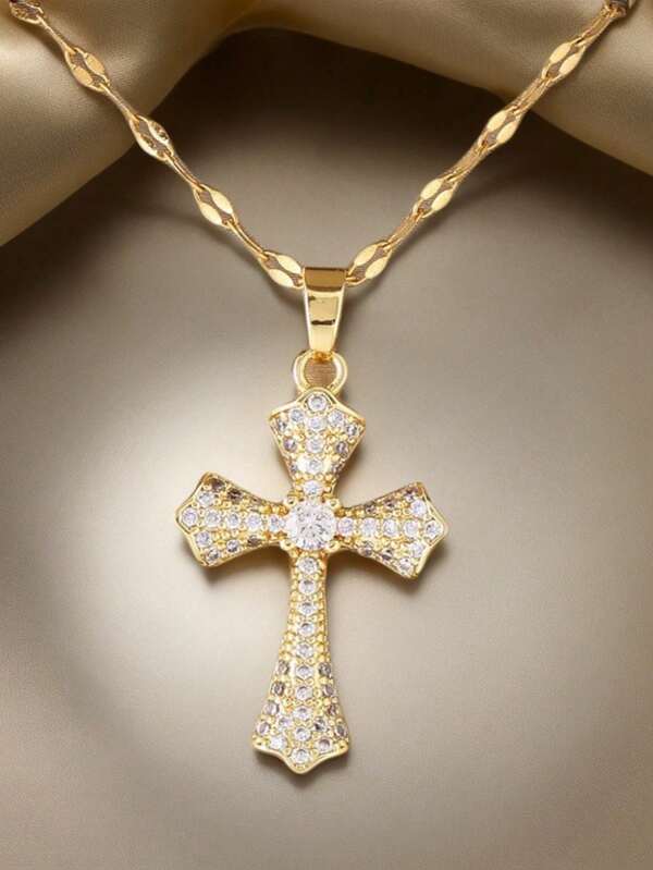 1pc Fashionable Zirconia Studded Golden Cross Pendant Necklace, Versatile Copper Inlaid Zirconia Cross Pendant Necklace (No Box), Can Be Used As Holiday Gift, Ascension Day Themed Jewelry, New Arrival