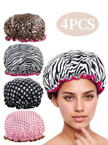 4 Stücke Duschhaube für Frauen, elastisch und wiederverwendbar, Haarbadekappe, Doppelschicht wasserdicht Badehaube, Haarpflege-Produkte und Zubehör für Friseur-Salon, Schönheits-Reiseaccessoires
