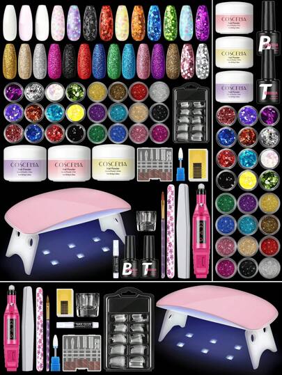coscelia 17PCS Acrylic Nail Kit With UV/LED Lamp & Nail Electric Drill-3Colors White Pink Clear 8G Acrylic Powder 7ML Base&Top Coat 24PCS Nail Decoration Art Powder Nail Glue Nail Supplies Manicure Tools For Nail Acrylic Extension And Acrylic Nails Carving For Women Nail Beginners DIY Nail Art Salon Set