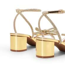 Women Double Bowknots Crystal Heeled Sandals Comfortable Chunky Low Heels Clear Slingback Summer Sandals For Wedding Bridal Party - Gold - View 7