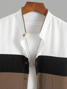 男士休闲时尚套装，短袖开衫搭配抽绳短裤，两件套，纯色撞色拼接设计，宽松版型衬衫和短裤 - 卡其色 - 查看 4