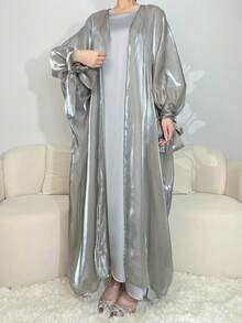 1 件欧根纱朴素伊斯兰传统卡夫坦长袍女式长袍外套带蝴蝶结设计