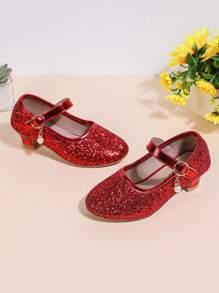 Neue Mädchen Mode glitzernde Hochabsatz Schuhe, flache Spitzschuh Schnallenverschluss Prinzessin Tanzperformance Schuhe für ältere Kinder