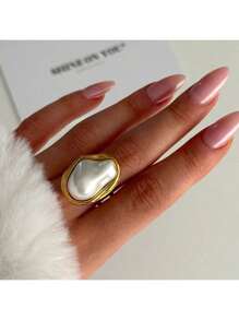 S SHOPBOHO 1pc Stainless Steel Finger Ring Chunky Jewelry Girls Party Outfit Large Irregular Faux Pearl Gold Ring