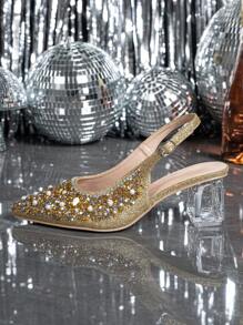 Women's Pointed Toe Crystal Heels Mary Janes Open Design Gold High Heels, Suitable For Outing, Party, Wedding Events