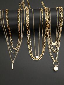 7pcs Set Elegant Vintage Stylish Pearls Crystal Rhinestone Heart Geometric Vertical Stripe Chain Minimalist Metal Pendant Multilayer Necklace, Fashion Jewelry Gift Set For Holiday Party Date Daily Wear - Yellow Gold - View 2