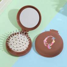 字母印花便携式迷你折叠发刷，配有集成镜子和头皮按摩功能 - 气囊垫，方便携带旅行 - 棕色 - 查看 13