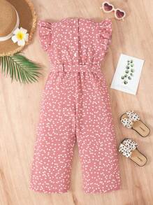 Young Girls Valentine's Day Fashion Heart Print Ruffle Hem Sleeveless Jumpsuit + Belt