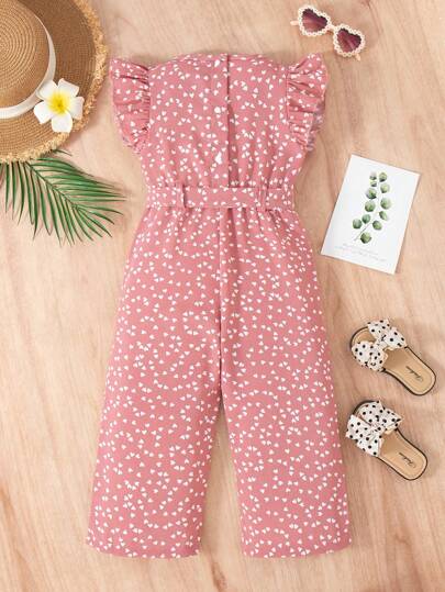 Young Girls Valentine's Day Fashion Heart Print Frill Trim Sleeveless Jumpsuit + Belt