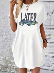 鳄鱼印花短袖连衣裙春夏休闲短袖连衣裙女士服装 - 白色 - 查看 1