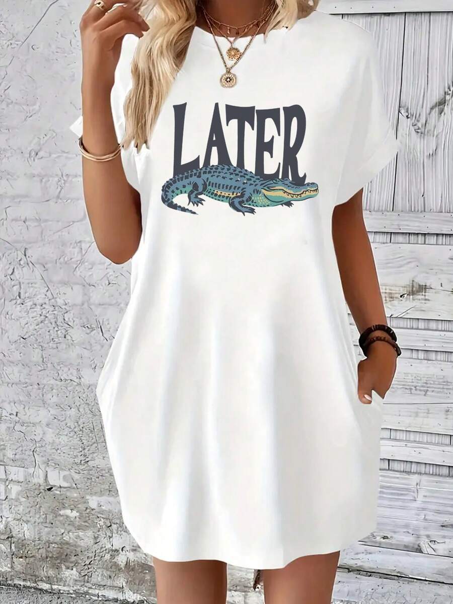 鳄鱼印花短袖连衣裙春夏休闲短袖连衣裙女士服装 - 白色 - 查看 1