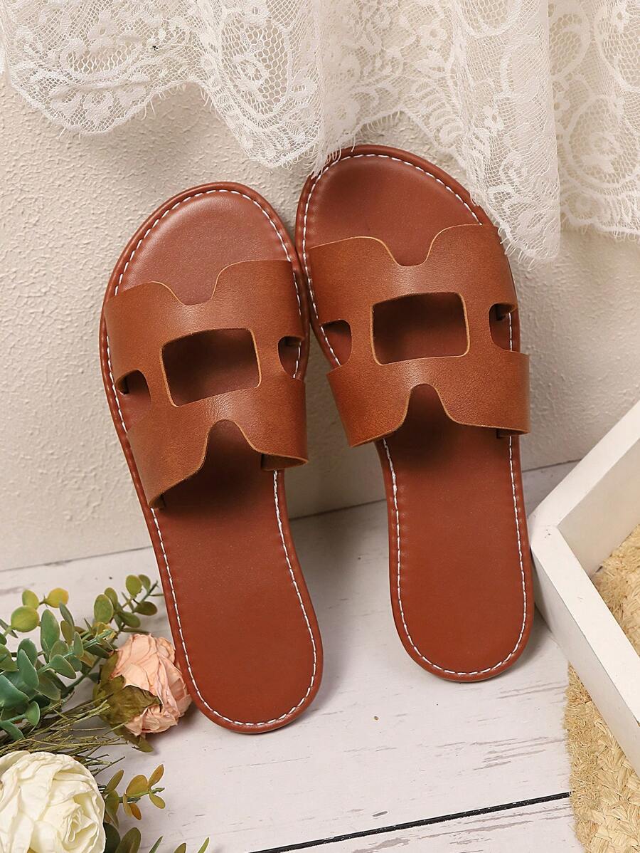 1 Pair Plus Size Brown Flat Slide Sandals For Teenage Girls, Solid Color PU Strap, Round Toe, Open Toe, Cute Roman Style, Suitable For Casual, Gatherings, Travel & Vacation, Spring/Summer New 2025 - Brown - View 1