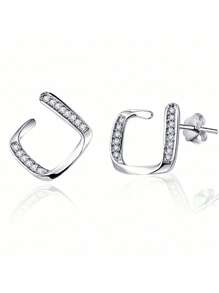 925 Sterling Silver Stud Earrings Geometry Design Clear White Cubic Zirconia CZ Anniversary Gift - Style 2 - View 14