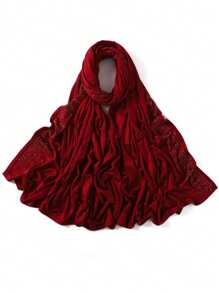 1 Stück Damen Jersey-Schal mit schwer bestickter Bordüre in Unifarbe, eleganter Strass-besetzter Schal mit Malay-Strass, langer Jersey-Hijab-Schal, afrikanisches Kopftuch, geeignet als Reise-, Urlaubs- und Party-Accessoire für Damen