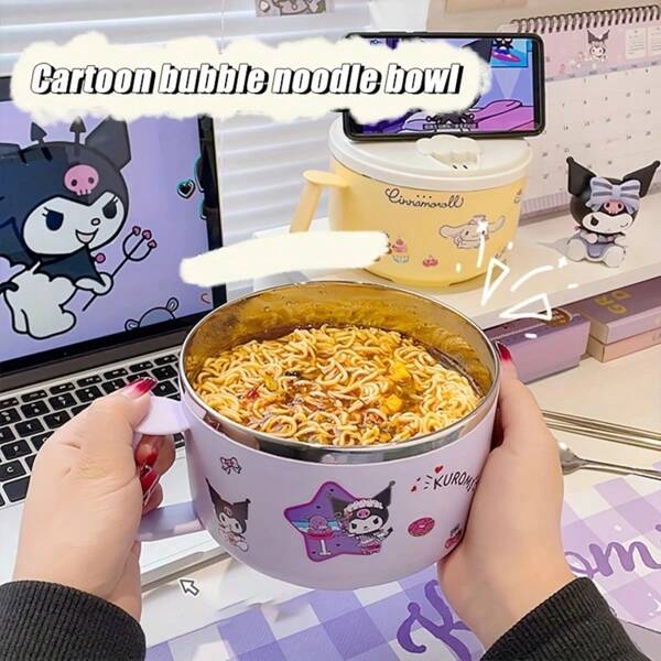 Sanrio Autorisierte Sanrio 304 Edelstahl Kuromi Instant Nudel Schüssel, Cartoon niedlicher Instant Nudel Schüssel, Studentenbedarf Große Kapazität Lunchbox geeignet für Schule, Reisen und andere Szenarien, Besteckbox Bento Box - 1000ml, Schulmaterial