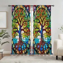 2 piezas de Cortinas semitransparentes de estilo gótico con diseño de árbol de la vida en vidrio decorativo de colores, tela de poliéster, adecuado para sala de estar, cocina, dormitorio, decoración del hogar
