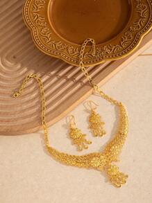 3pcs/Set 24K Gold Women Dubai Jewelry Fashion Necklace With Star & Moon Pendant, Saudi Arabia Style