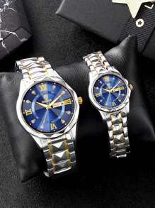 2 pièces/Set Montres de couple hommes femmes en acier inoxydable, Cadran et bracelet en alliage avec double affichage calendaire, marqueurs serti de strass, montre-bracelet à quartz, cadeau de la Saint-Valentin