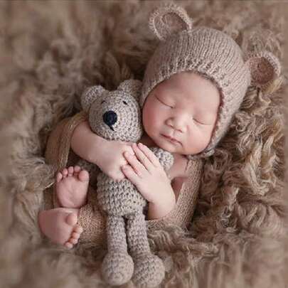 Accessori fotografici per neonati, cappello a forma di orso, set di abbigliamento per servizi fotografici neonati, bambola all'uncinetto a forma di orso, giocattolo lavorato a maglia, accessori per doccia per neonati, regali di Pasqua per bambine/bambini