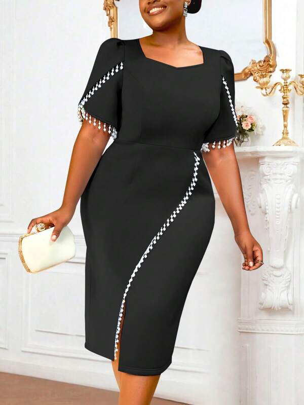 Black Party Dresses Beading Tassels Square Collar Slim Elegant Occasion Elegant Curve Ladies Event Gowns,Graduation Outfit