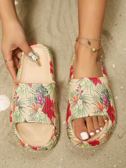 New Leopard Print Women Flat Casual Slippers, EVA Molded Thick Sole Plastic Slides, Non-Slip Soft Bottom Cloud Slippers, Plus Size For Home, Dorm, Travel, Beach Wear