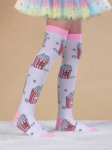 1 Pair Girls Knee High Socks With Popcorn Pattern, White, Cute & Fashion, Versatile For Party, Holiday, Festival, Casual, Sports, School Outfits, Spring New Arrival - White - View 2