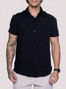 Linen Shirt Short Sleeve Formal Summer Fresh Italian Collar Elegant In Visco-Linen - Dark Wash - View 4
