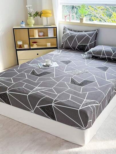 3 件套床上用品：印花床笠（含枕套，无填充物）100% 涤纶面料印花床笠床罩套装，可机洗，现代简约家居床上用品、秋季装饰、秋季装饰、房间装饰