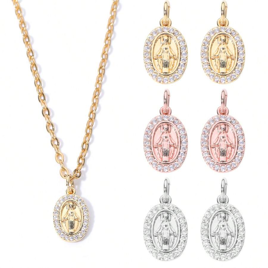 2pcs/Pack Cubic Zirconia Studded Virgin Mary Pendant, Elegant Necklace Accessory Oval Mary Pendant For DIY Crafts