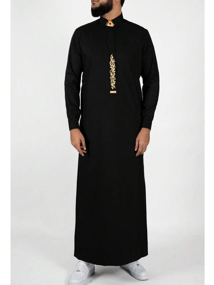 Men's Black Robe With Embroidery, Casual Islamic Cloak Suitable For All Seasons, Commuter Wear - Black - View 1