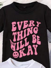 4 Teile für Mädchen, Katzen, Slogan Muster Lässig Rundhals Kurzarm T-Shirt, geeignet für Frühlings-, Sommer- und Herbstmode