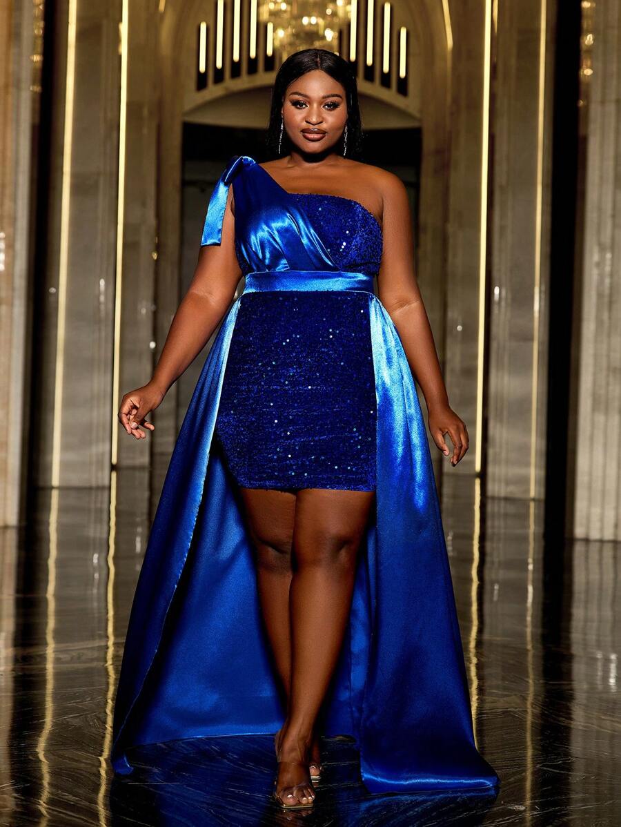 Faeriesty Vestido de fiesta de satén y lentejuelas con escote asimétrico, talla grande, vestido de noche formal, adecuado para cena formal, invitado de boda - azul real - Ver 1