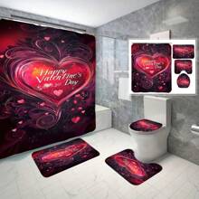 4pcs Shower Curtain Non-Slip Carpet Set, Wedding Date Floral Elements, Toilet Lid, Bath Mat - Includes 12 Plastic Hooks - Waterproof Polyester Fabric, Quick Drying, Non-Slip, Ring Top, Machine Washable Home Decor, Shower Decor Accessories,