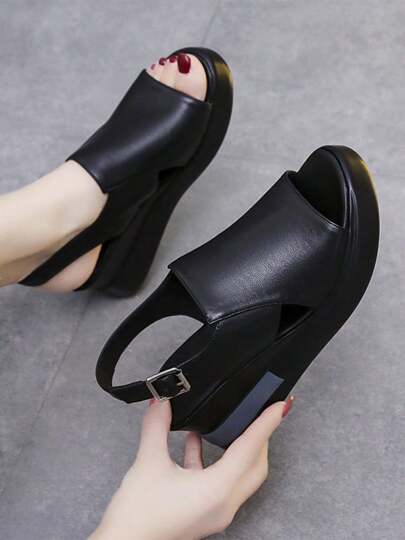 Sandalias Plataforma Zapatos Cuer Suave Dama Cuña Moda,Sandalias Planas Con Hebilla De Recubierto Para Mujer, Puntera Redonda,Sandalias De Playa Casuales