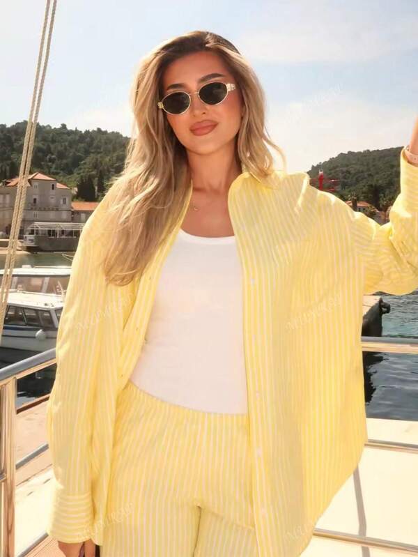 Vrouwen Mode Casual Streep Losse Shirts Lente Vrouw Lange Mouw Omgeslagen Kraag Blouse