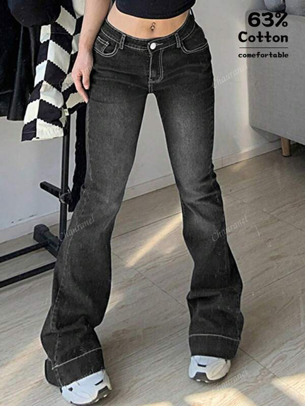Women's Y2K Low Waist Casual Denim Flare Pants With Pockets, Music Festival Style