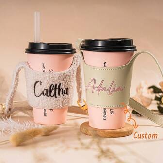 Embroidered Cup Sleeve,Plush Portable Bottle Bag,Custom Leather Water Bottle Holder With Strap,Coffee Cup Holder For Hiking,Drink Pouches