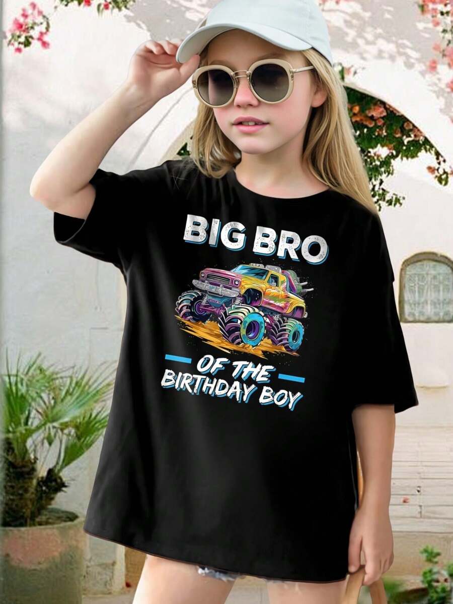 Big Brother Monster Truck T-Shirt - Perfect Birthday Gift! Cute Family Matching Outfits For Boys Toddlers Monster Jam Fan Tee Kids' Short Sleeve Shirt - màu đen - Xem 1
