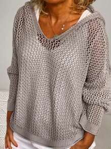 Women's Hollow V-Neck Knit Sweater, Multifunctional Casual Versatile Long Sleeve Hooded Cover Up, Suitable For Spring And Summer - Grey - View 1