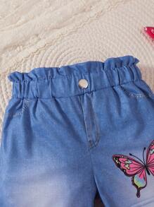 2 件套蝴蝶图案印花盖袖圆领上衣 + 数码印花蝴蝶针织短裤可爱简约套装（非牛仔布） - 白色 - 查看 7