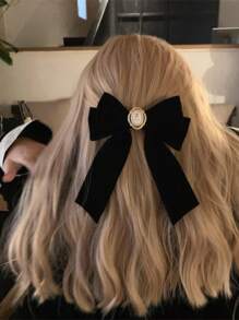 1pc Rose Flower Black Bow Hair Clip