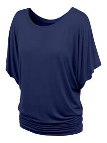 HIGHFINE Women's Boat Neck Short-Sleeved Bat Sleeve On The Band Side Draping - Màu xanh hải quân - Xem 1