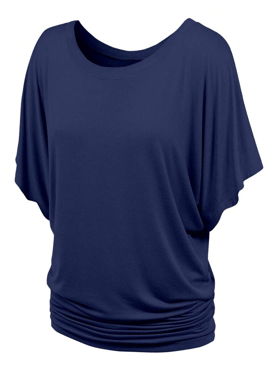 HIGHFINE Women's Boat Neck Short-Sleeved Bat Sleeve On The Band Side Draping - Màu xanh hải quân - Xem 1