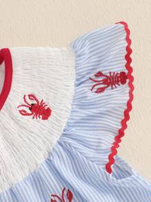 Baby Girls Striped Embroidery A-Line Dress - Sleeveless Crew Neck Party Dress For Summer - Blue - View 8