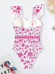 Blue And White Porcelain Print Stylish Comfy Fashion Design One-Piece Swimsuit, Classic And Elegant Swimsuit, Women's Swimwear & Apparel - 粉色 - 查看 5