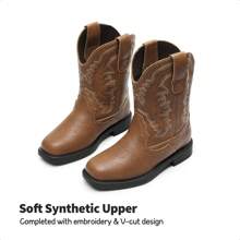 Kids Boys Girls Cowboy Boots Western Square Toe Riding Mid Calf Knee High Boots - Brown - View 6