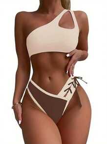 Women Tankini Swimsuits Cutout One Shoulder Bra And Contrast Color Tie Up Briefs Sets For Summer Beachwear Bathing Suit