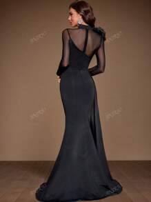 Vestido midi elegante para invitados de boda con malla floral 3D, cuello alto, silueta entallada, bajo de cola de pez, manga larga, para cóctel, vestido formal, vestido de noche, vestido de gala